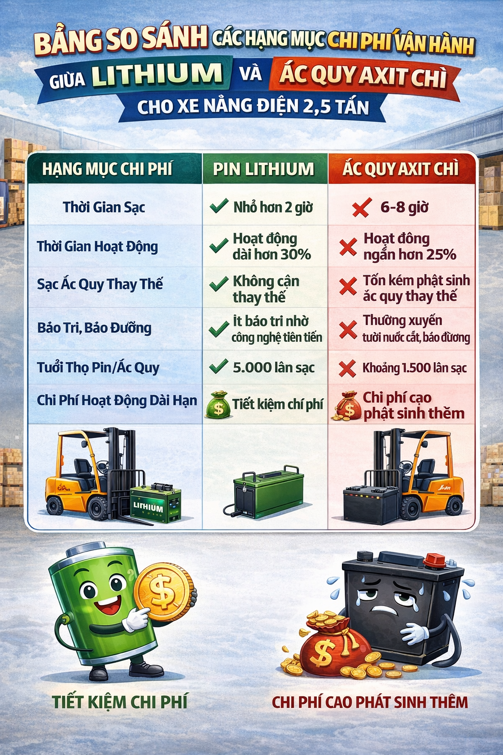 Bảng so sánh các hạng mục chi phí vận hành giữa pin lithium và ắc quy axit chì cho xe nâng điện 2,5 tấn