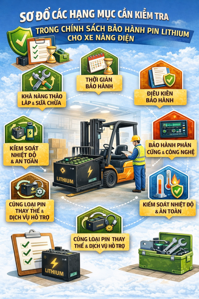 Sơ đồ các hạng mục cần kiểm tra trong chính sách bảo hành pin lithium cho xe nâng điện