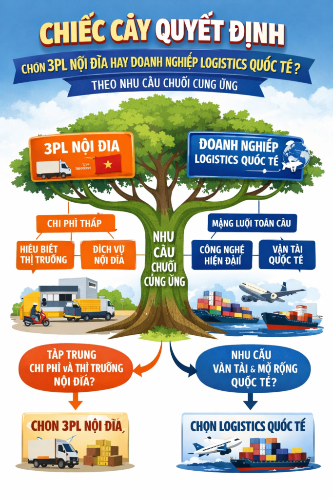 Cây quyết định chọn 3PL nội địa hay doanh nghiệp logistics quốc tế theo nhu cầu chuỗi cung ứng