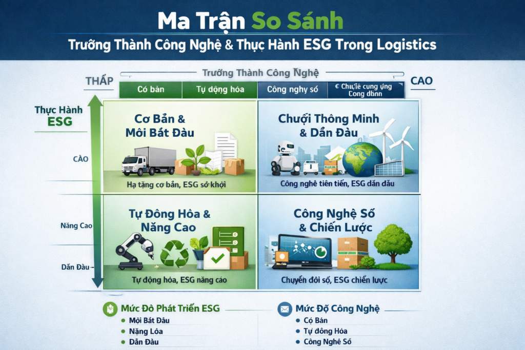 Ma trận so sánh trưởng thành công nghệ và thực hành ESG trong logistics