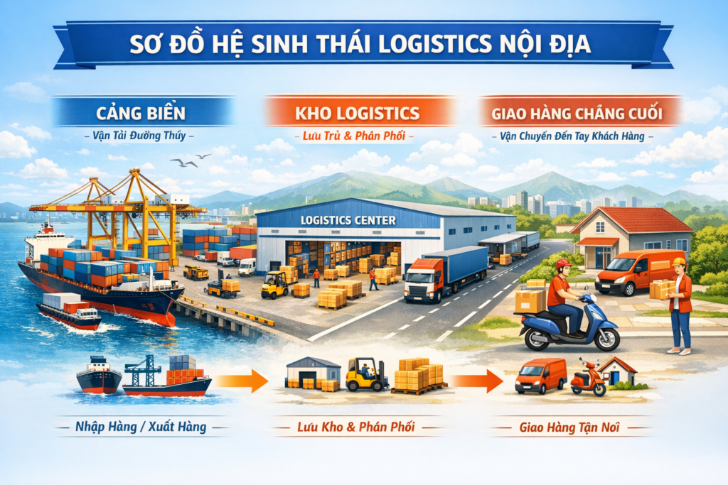 Sơ đồ hệ sinh thái logistics nội địa gồm cảng, kho logistics và giao hàng chặng cuối