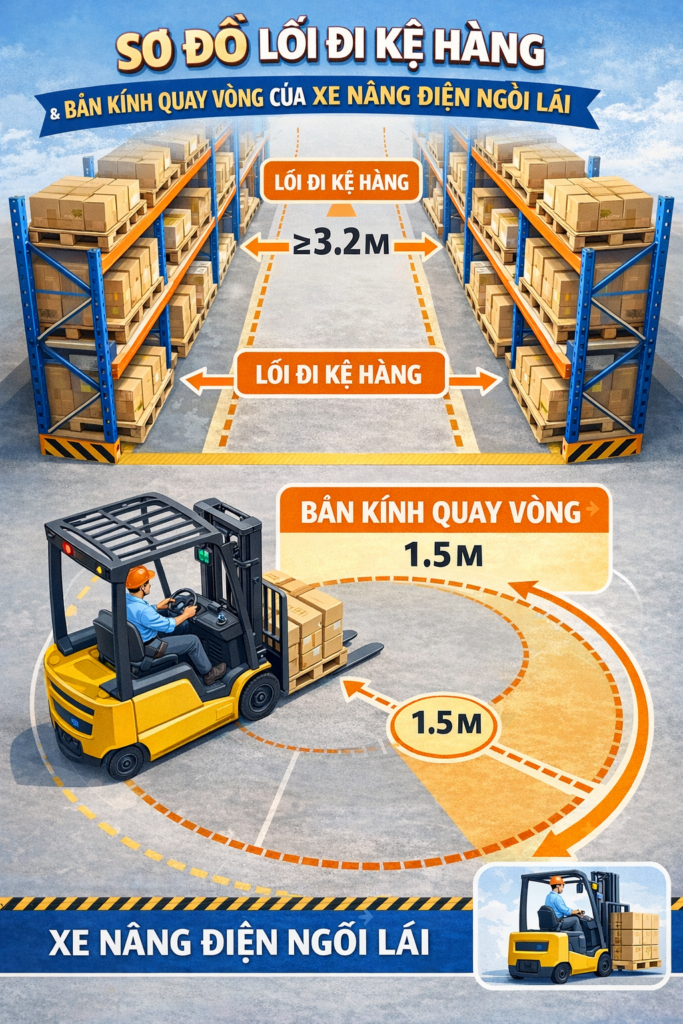 Sơ đồ lối đi kệ hàng và bán kính quay vòng của xe nâng điện ngồi lái