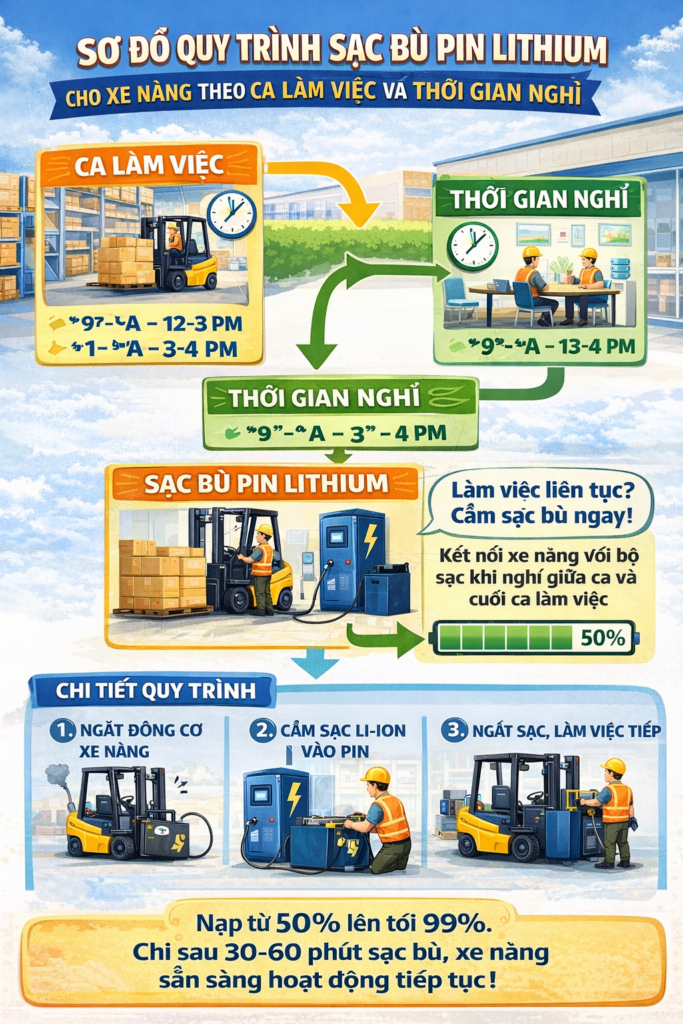 Sơ đồ quy trình sạc bù pin lithium cho xe nâng theo ca làm việc và thời gian nghỉ