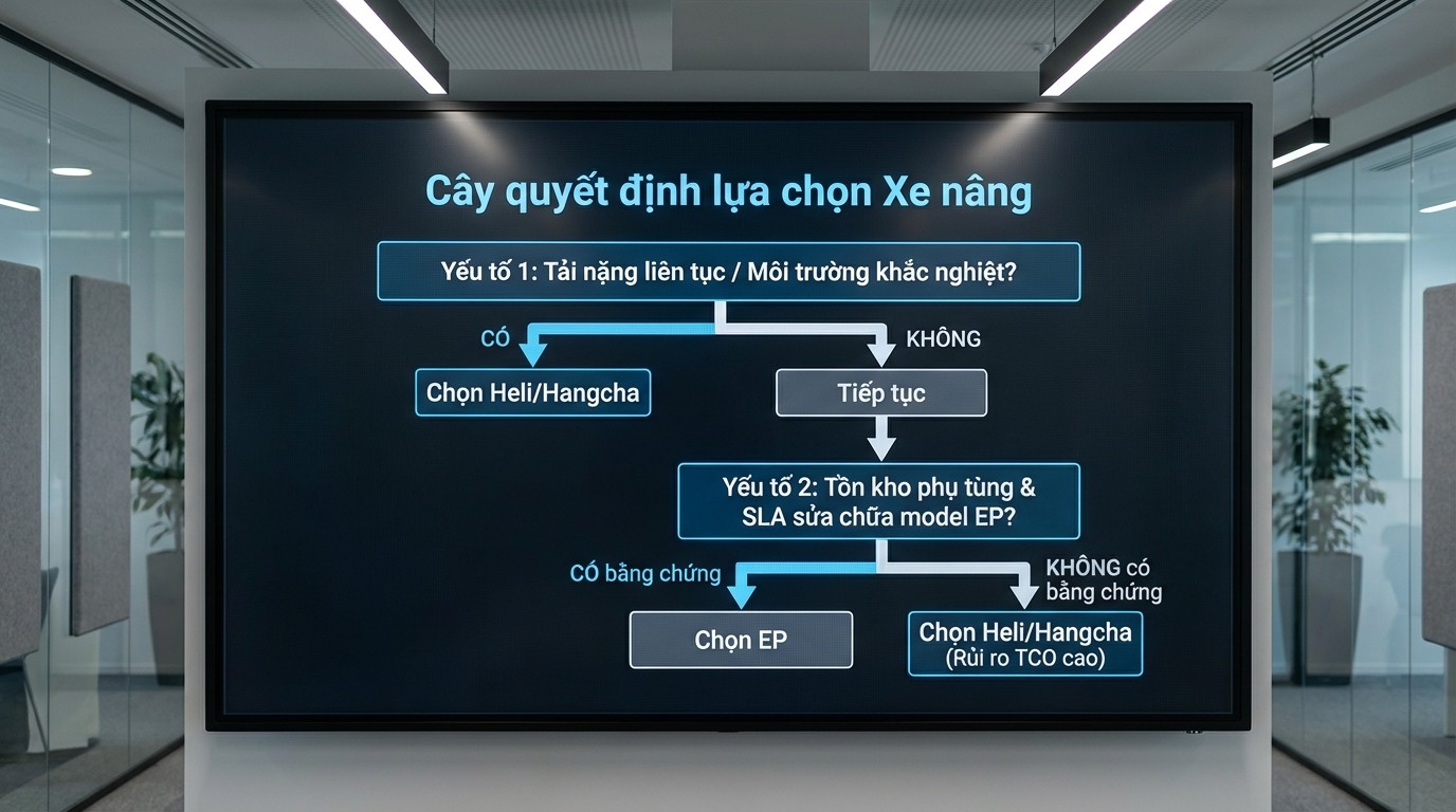 Cây quyết định chọn EP hay Heli/Hangcha theo cường độ sử dụng, môi trường và dịch vụ phụ tùng