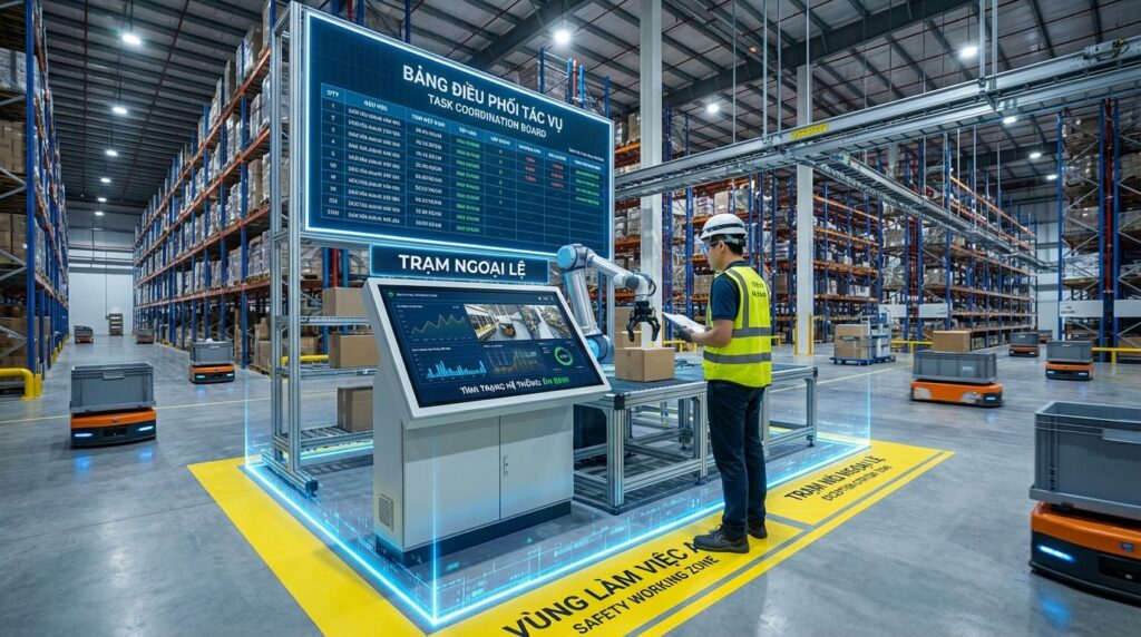 Mô hình cộng tác người robot trong kho gồm vùng làm việc an toàn trạm ngoại lệ và bảng điều phối tác vụ
