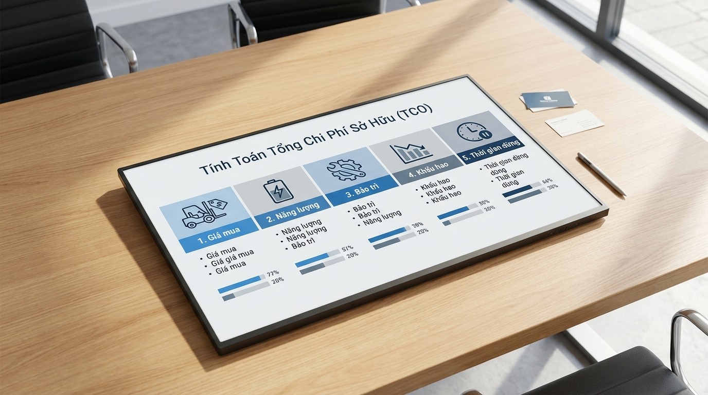 Sơ đồ các thành phần của TCO xe nâng gồm giá mua, năng lượng, bảo trì, khấu hao và thời gian dừng