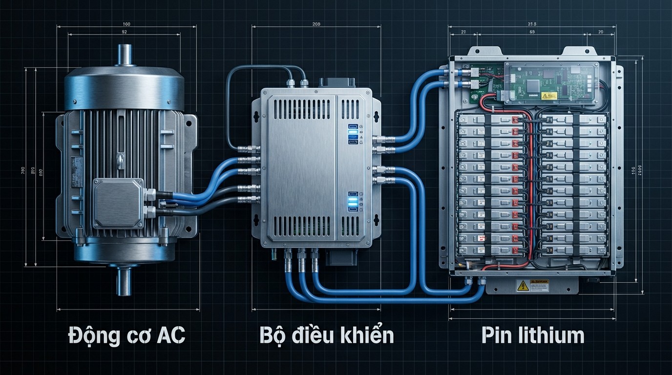 Sơ đồ cụm linh kiện cốt lõi của xe nâng điện gồm động cơ AC, bộ điều khiển và pin lithium
