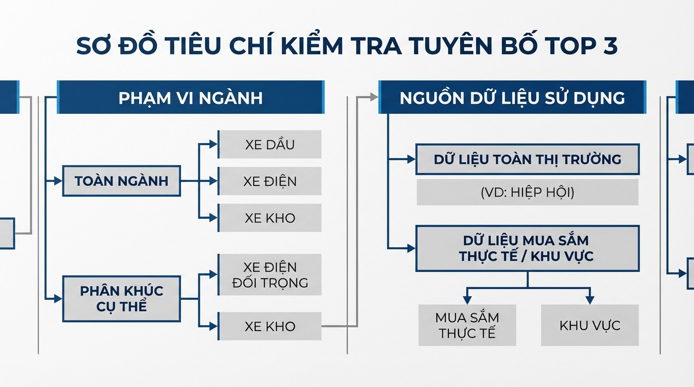 Sơ đồ tiêu chí kiểm tra tuyên bố top 3 theo phân khúc xe nâng và nguồn dữ liệu