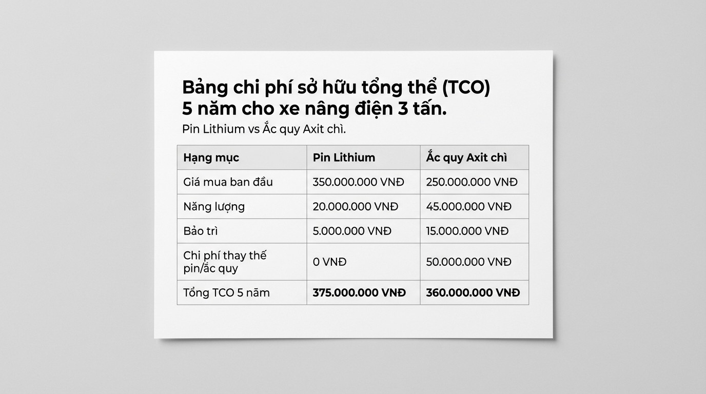 Bảng phân rã chi phí 5 năm giữa pin lithium và ắc quy axit chì cho xe nâng điện 3 tấn