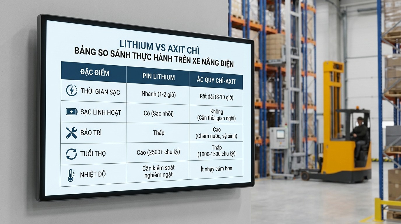 Bảng so sánh thực hành giữa pin Lithium và pin axit chì trên xe nâng điện reach truck