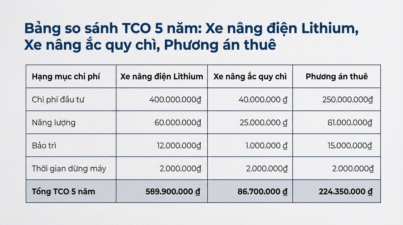Bảng tổng chi phí sở hữu TCO 5 năm cho xe nâng điện lithium so với ắc quy chì và phương án thuê
