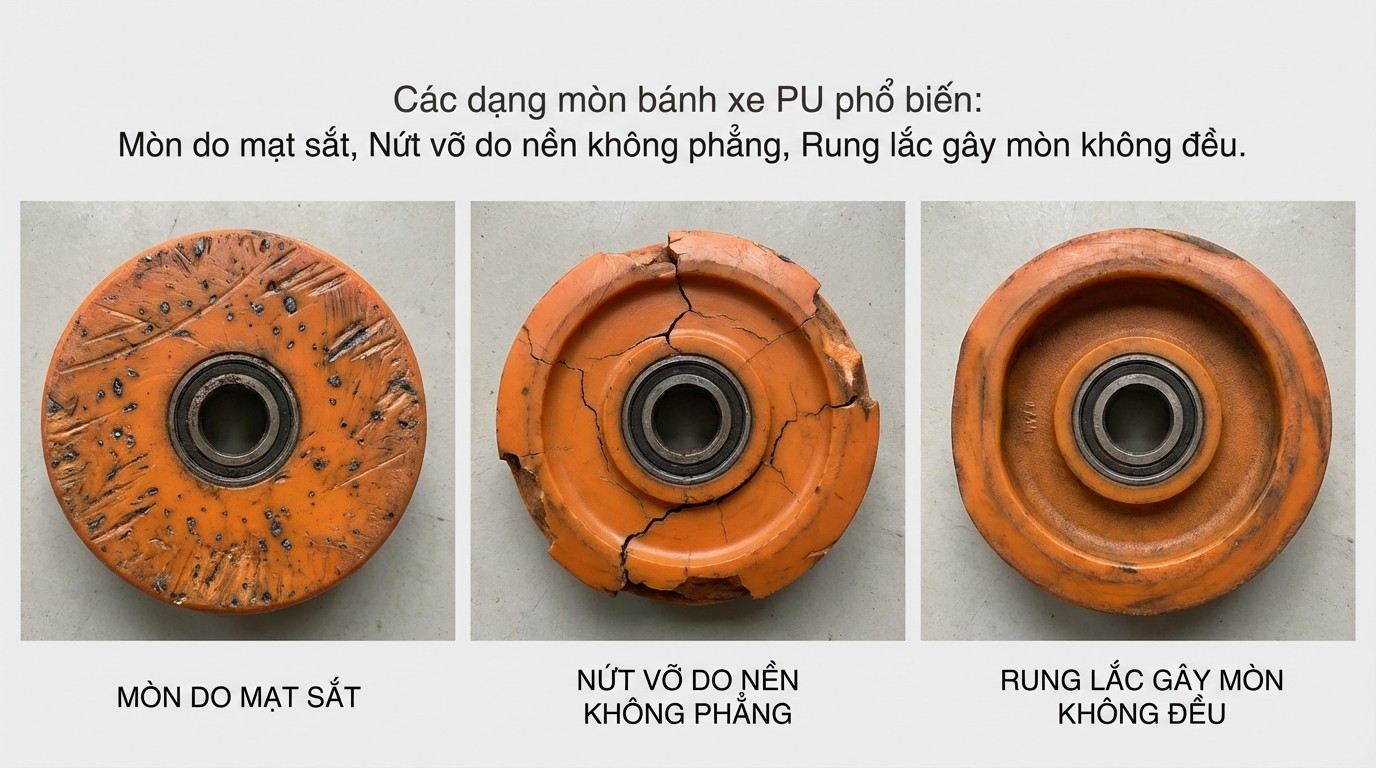 Bánh xe PU của reach truck và các dạng mòn thường gặp khi chạy trên nền kho không phẳng