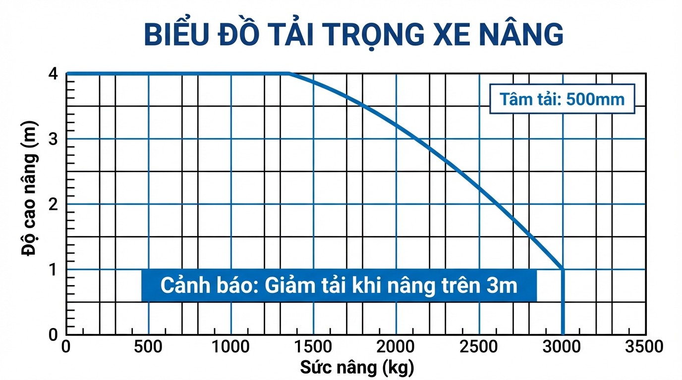 Biểu đồ tải nâng theo độ cao, thể hiện giảm tải khi nâng gần 4m và thay đổi theo tâm tải 500mm