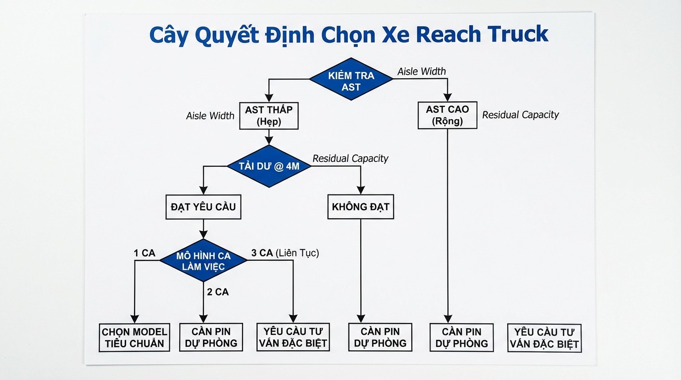 Cây quyết định chọn reach truck theo AST, tải dư 4m và mô hình ca làm việc