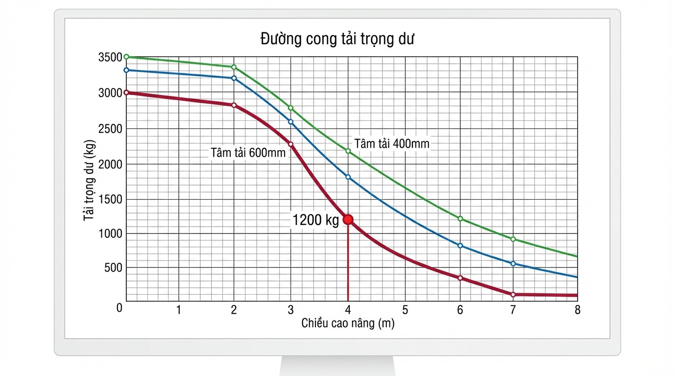 đường cong tải trọng dư theo chiều cao nâng 4m và tâm tải 600mm