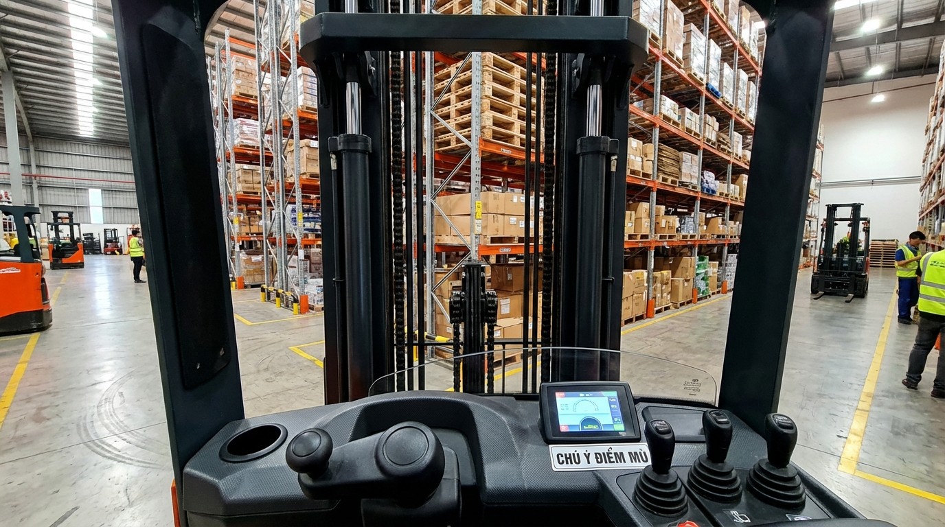 Góc nhìn người lái reach truck khi nâng khung lên khoảng 3.5m và điểm mù quanh cột nâng