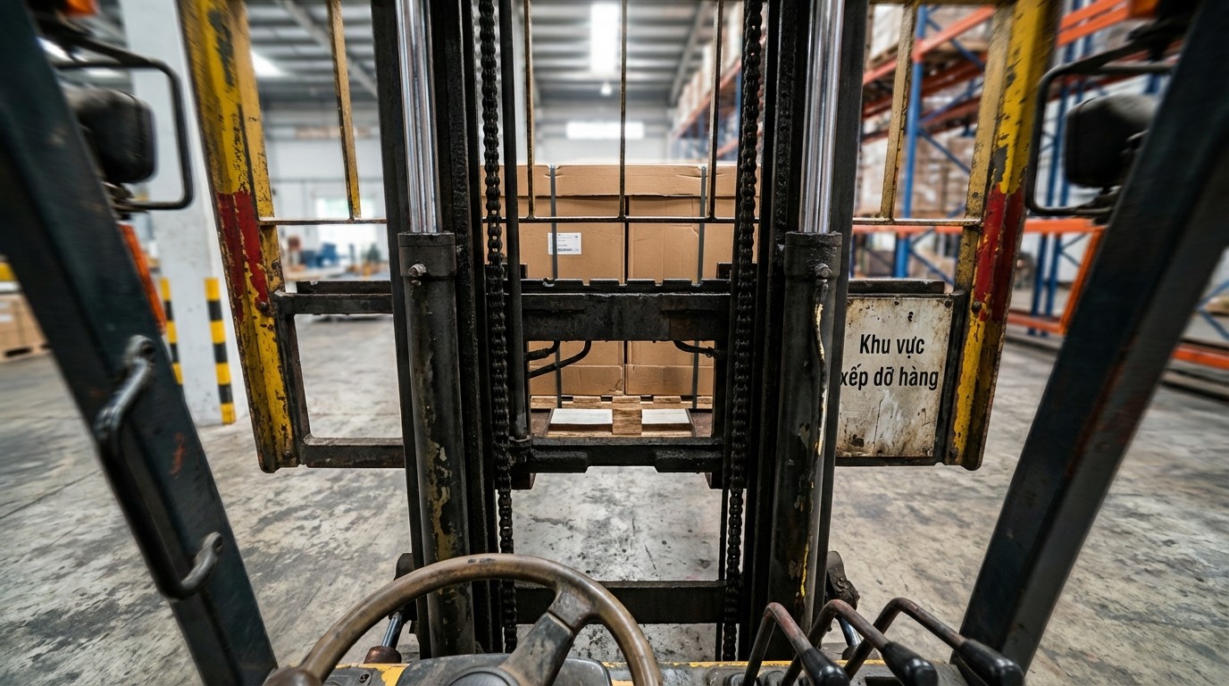 Góc nhìn từ cabin ngồi lái khi nâng pallet lên khoảng 5m, thể hiện điểm mù quanh càng và trụ Triplex