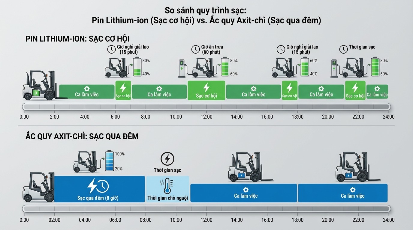 Luồng sạc cơ hội cho xe nâng pin Lithium ion trong ca làm việc so với sạc qua đêm của ắc quy axit chì