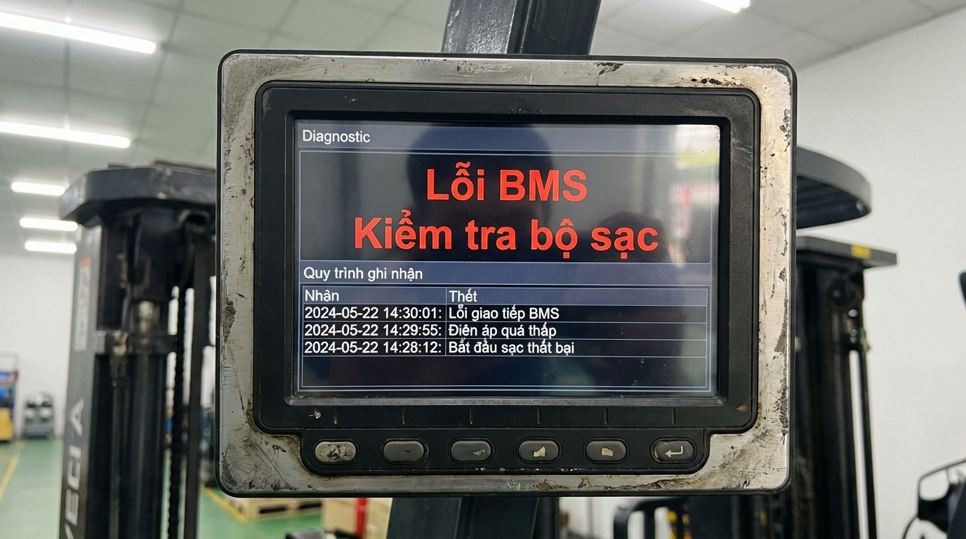 Màn hình xe nâng điện hiển thị mã lỗi liên quan BMS và quy trình ghi nhận để xử lý