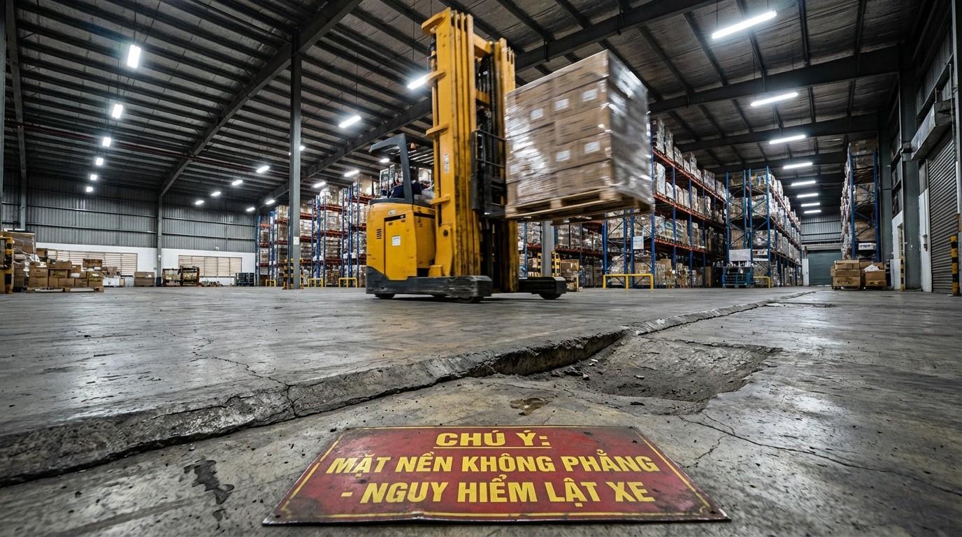 Mặt sàn kho có gờ và vết lún gây rung lắc khi xe nâng nâng cao gần 5m