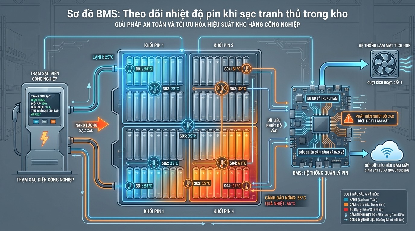 Sơ đồ BMS theo dõi nhiệt độ pin khi sạc tranh thủ trong kho