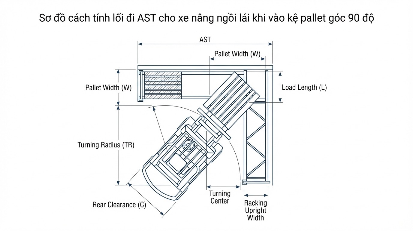 Sơ đồ cách tính lối đi AST cho xe nâng ngồi lái khi vào kệ pallet góc 90 độ