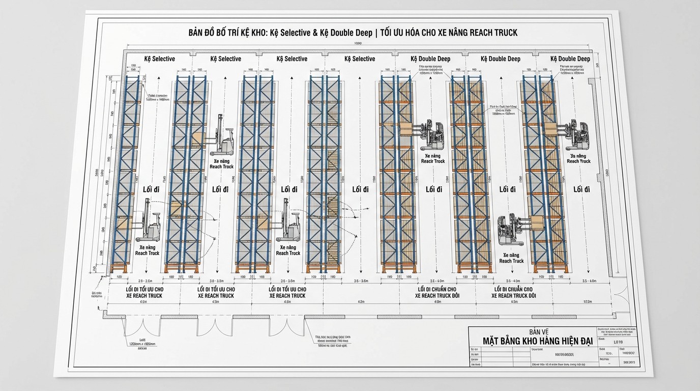 Sơ đồ lối đi kho và bố trí kệ Selective và Double Deep cho reach truck