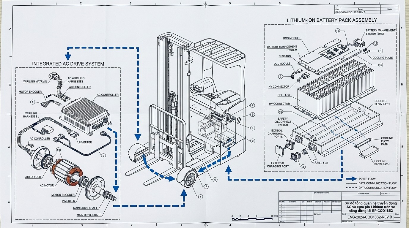Sơ đồ tổng quan hệ truyền động AC và cụm pin Lithium trên reach truck EP CQD18S2