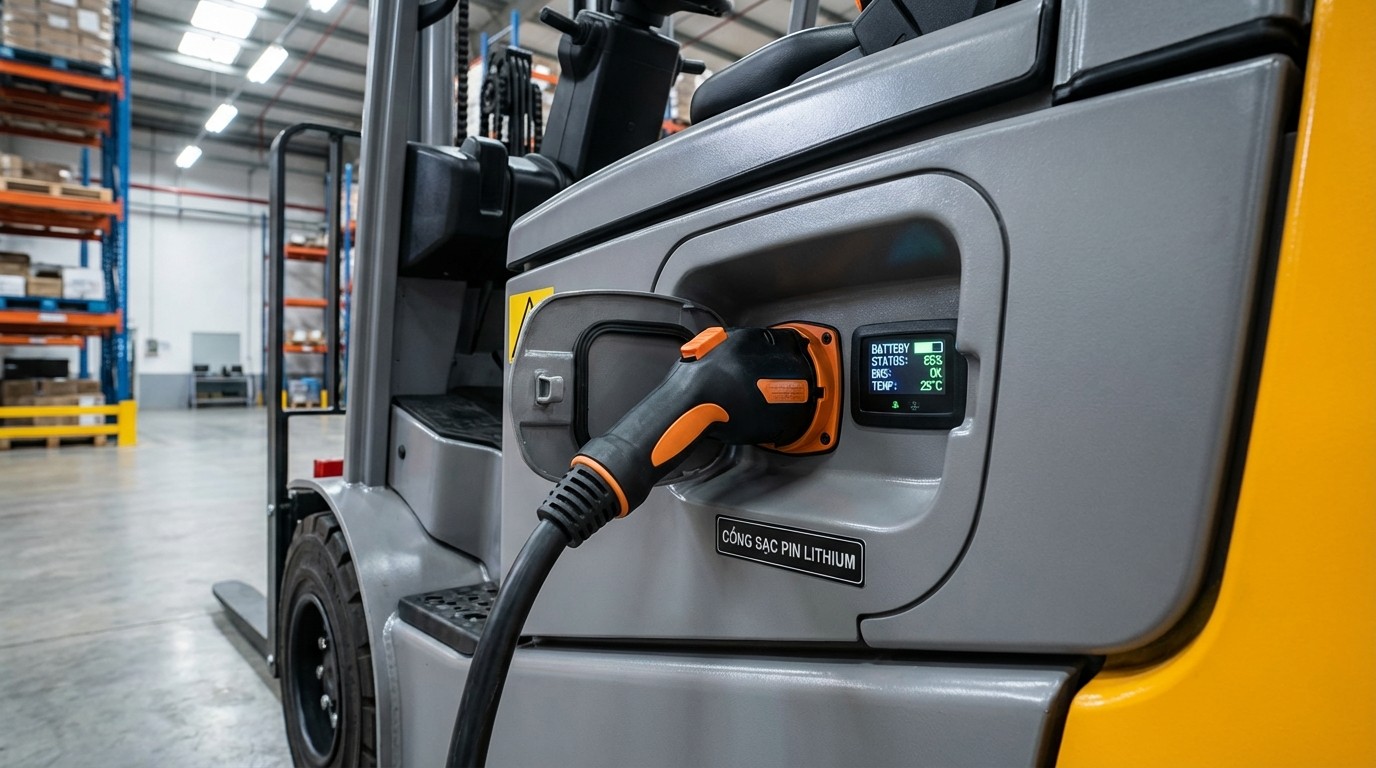 Vị trí cổng sạc pin lithium trên xe nâng điện ngồi lái, dễ thao tác khi đỗ đúng vị trí