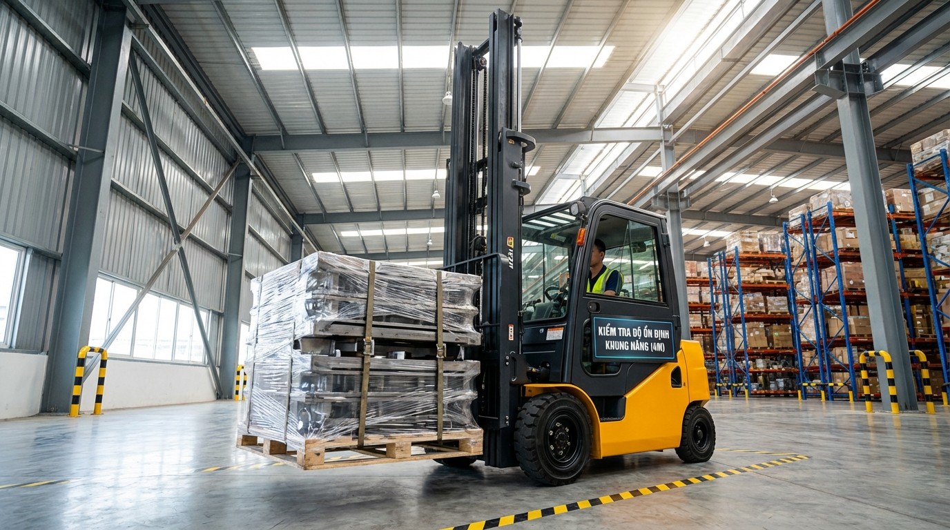 Video kiểm tra độ ổn định khung nâng khi nâng lên 4m với tải gần danh định