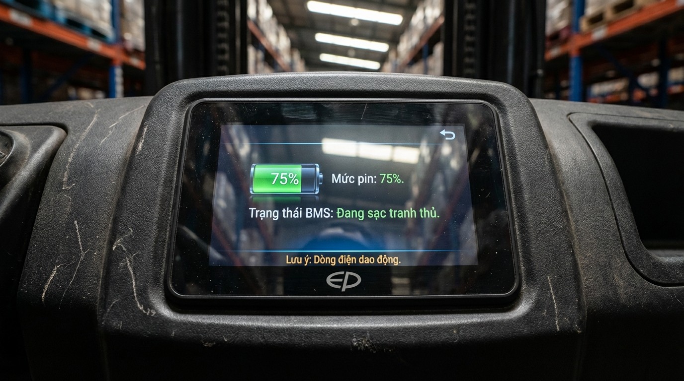 Xe nâng điện EP đang sạc tranh thủ trong giờ nghỉ, hiển thị mức pin và trạng thái BMS