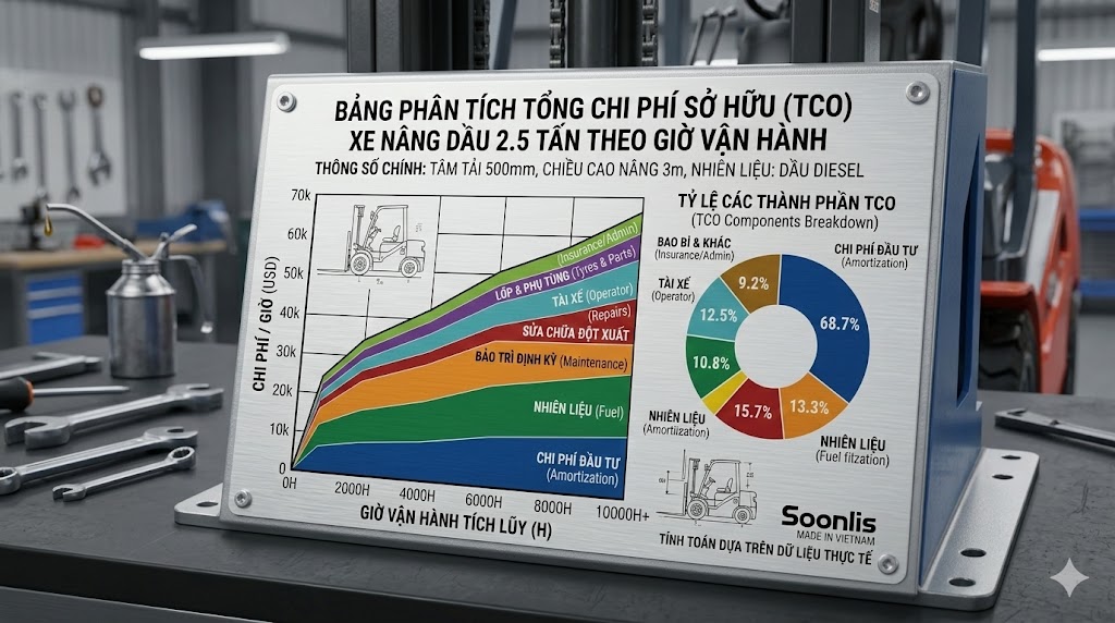 Bảng các thành phần TCO của xe nâng dầu 2.5 tấn theo giờ vận hành