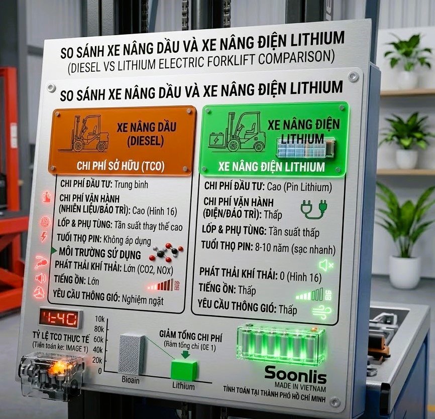 Bảng so sánh xe nâng dầu và xe nâng điện Lithium theo chi phí và môi trường sử dụng