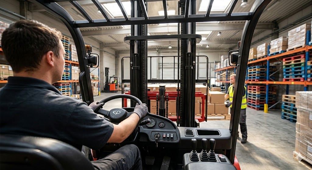 Bố trí buồng lái và vùng quan sát qua khung nâng của xe nâng dầu 2.5 tấn EP ngồi lái