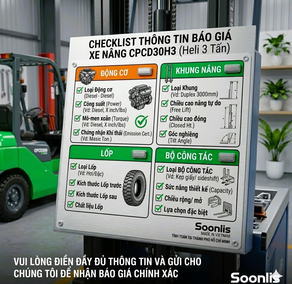 Checklist thông tin cần cung cấp khi yêu cầu báo giá xe nâng CPCD30H3 gồm động cơ, khung nâng, lốp và bộ công tác