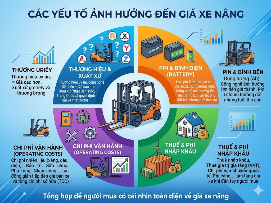 Các yếu tố ảnh hưởng đến giá xe nâng như thương hiệu, pin, thuế và chi phí vận hành