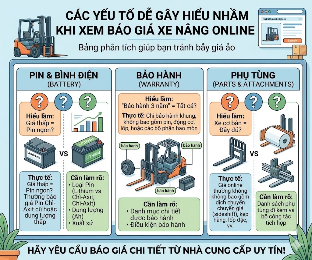 Các yếu tố dễ gây hiểu nhầm khi xem báo giá xe nâng online như pin, bảo hành và phụ tùng